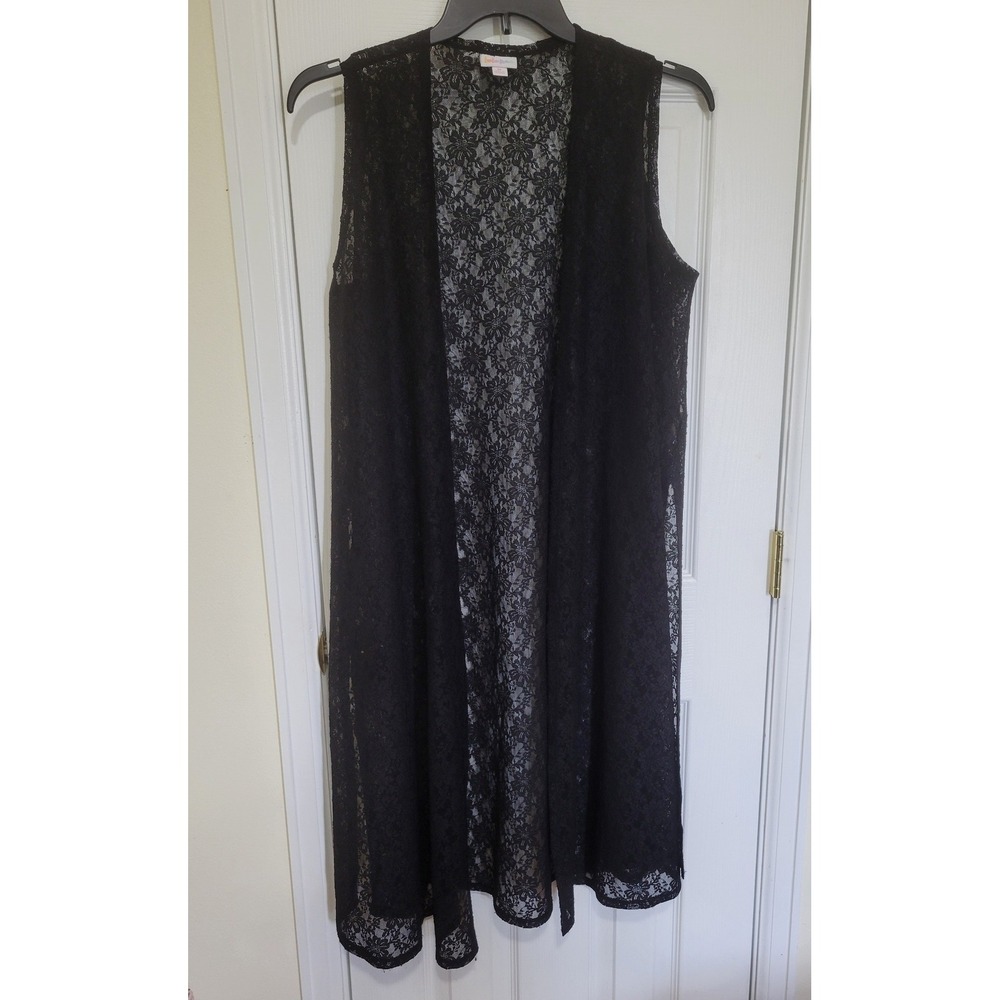 Lace Vest Womens Medium Black Floral Longline Duster Sleeveless Open Whimsigoth